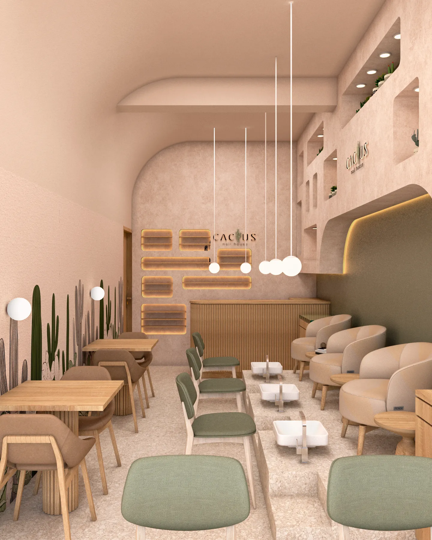 Cactus Lomas — render del salón con mural de cactus y colores arena y verde