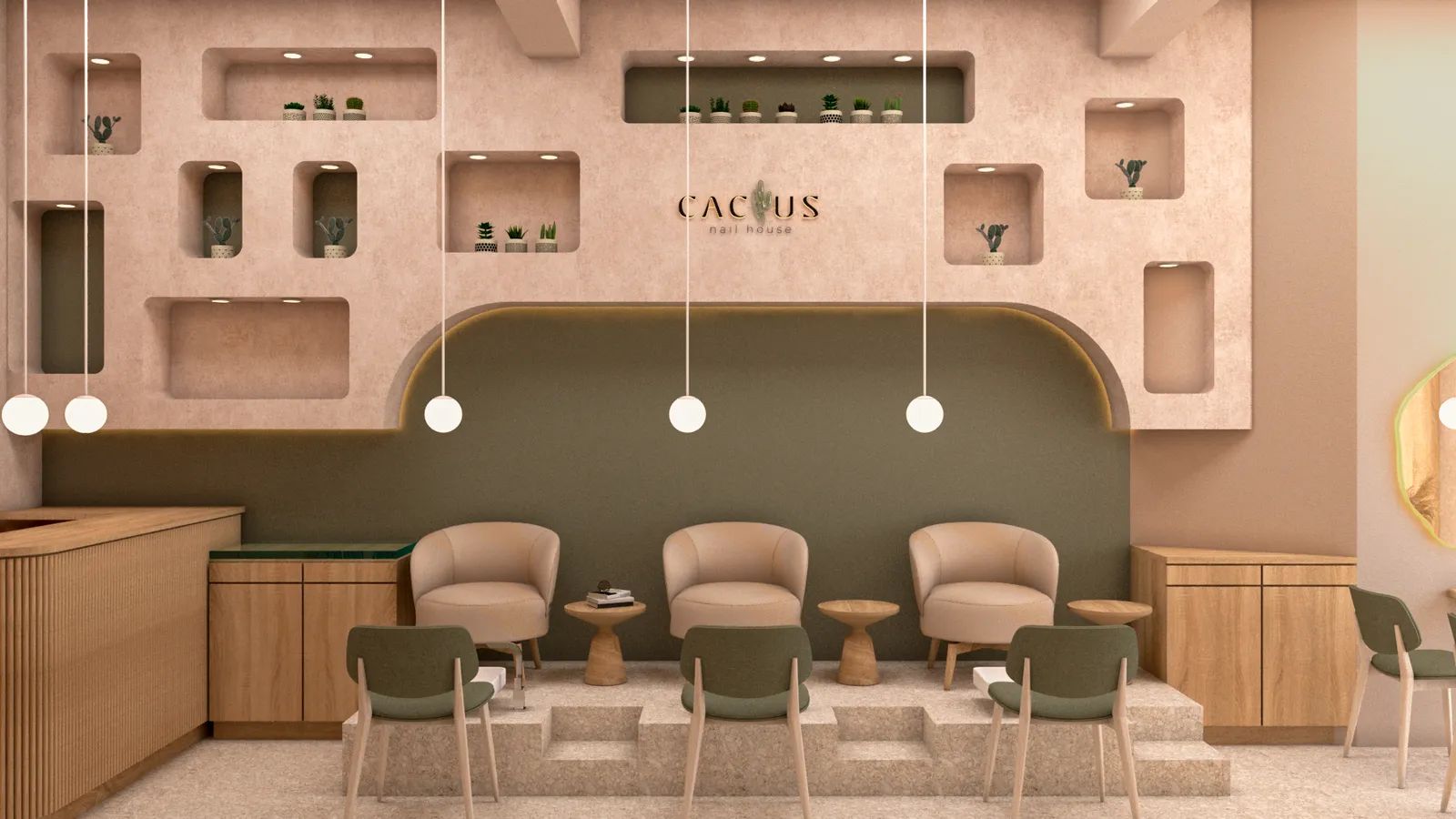 Cactus Lomas — render del área de manicure con sillas verde olivo