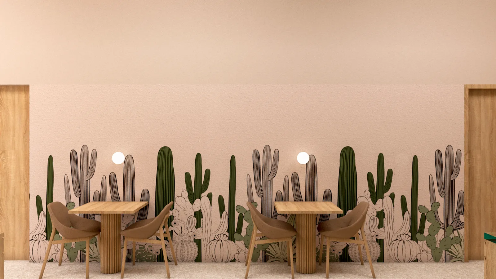 Cactus Lomas — render de la barra de recepción con iluminación cálida
