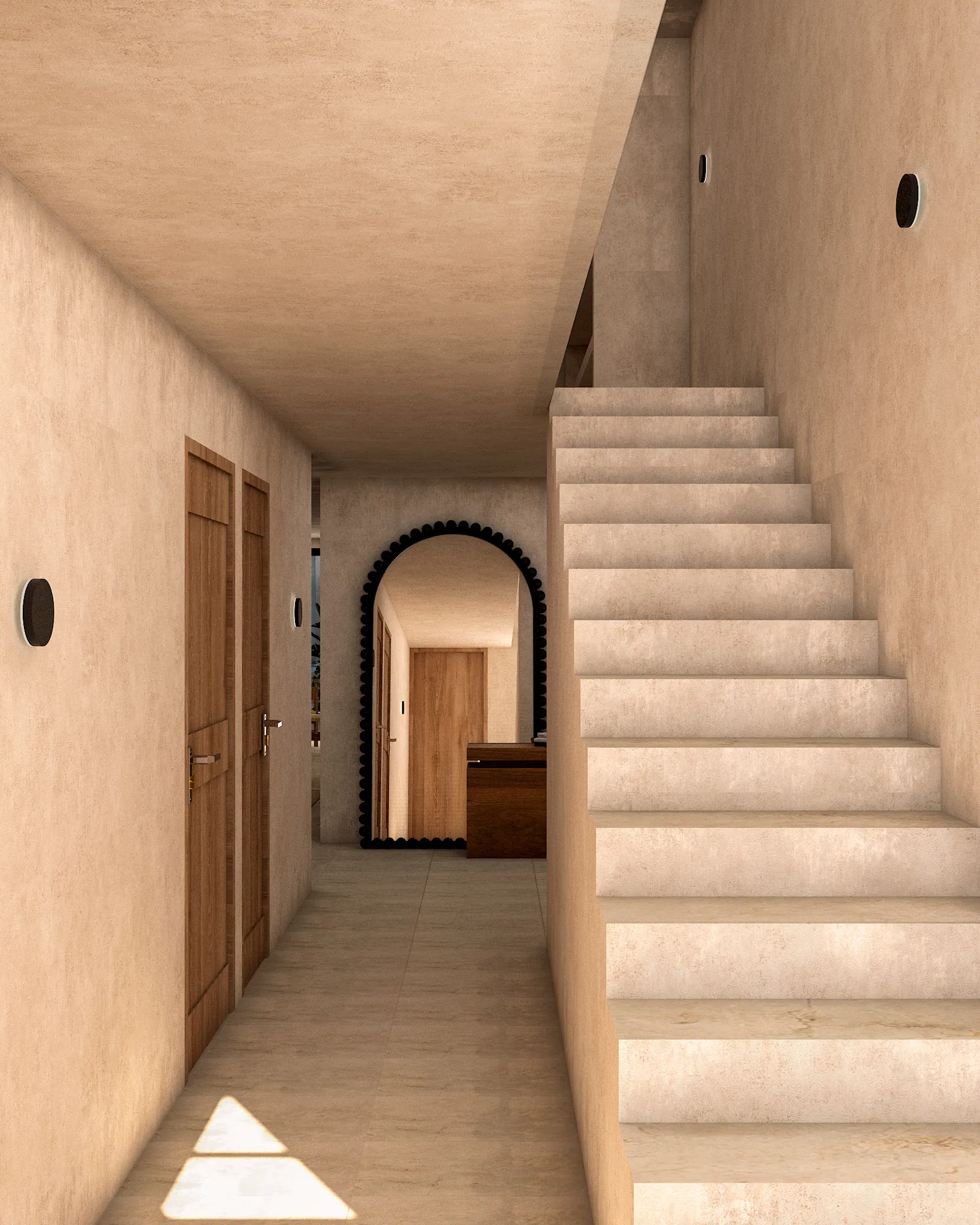 Render de la escalera de Casa de la Playa, con acabados en chukum y madera