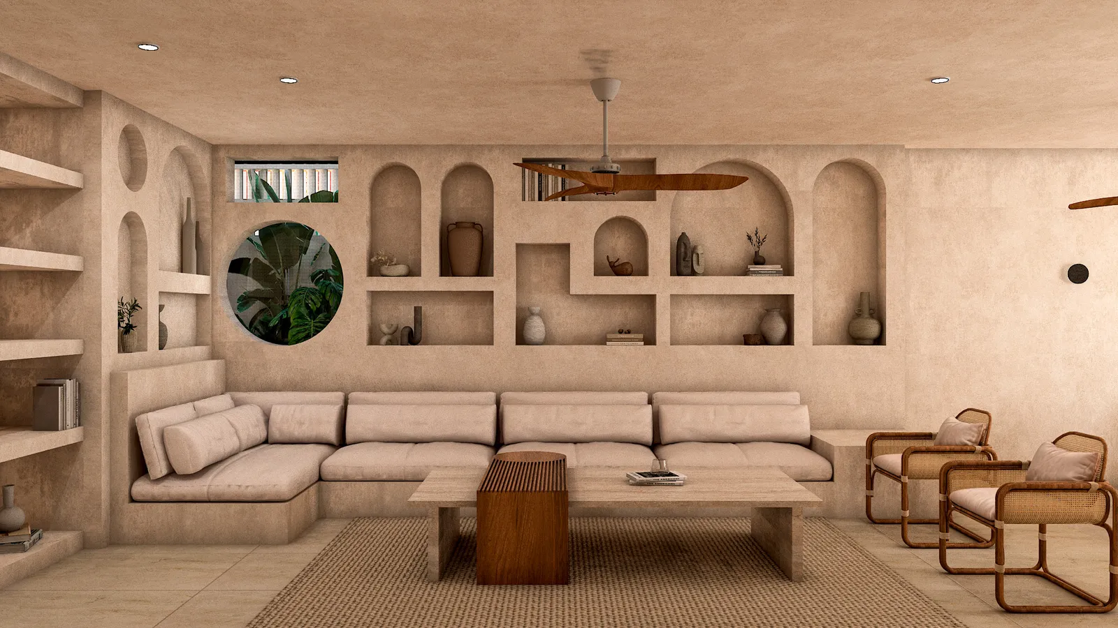 Render de la sala con tumbado de madera y nichos en Casa de la Playa