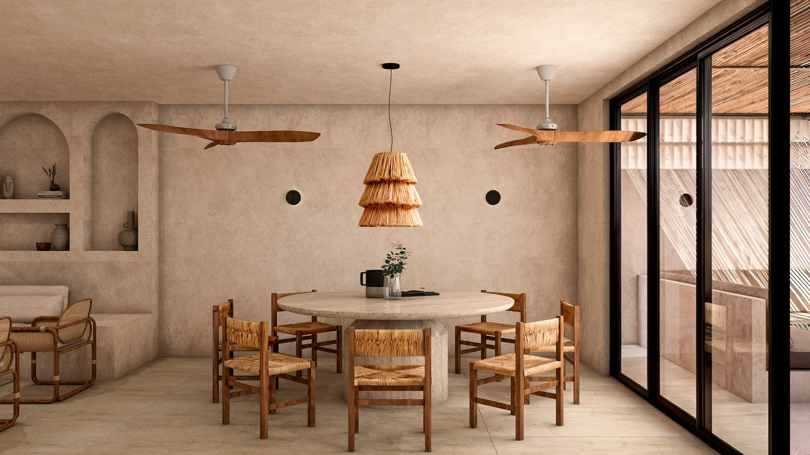 Comedor con acabados en tono tierra, Casa de la Playa, Progreso, Yucatán