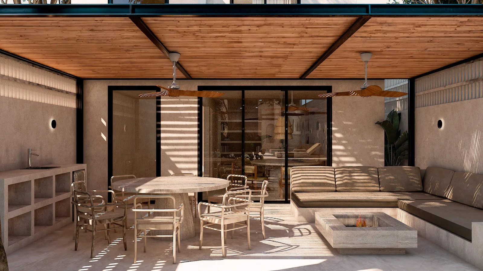 Render del área social de Casa de la Playa con conexión entre espacios