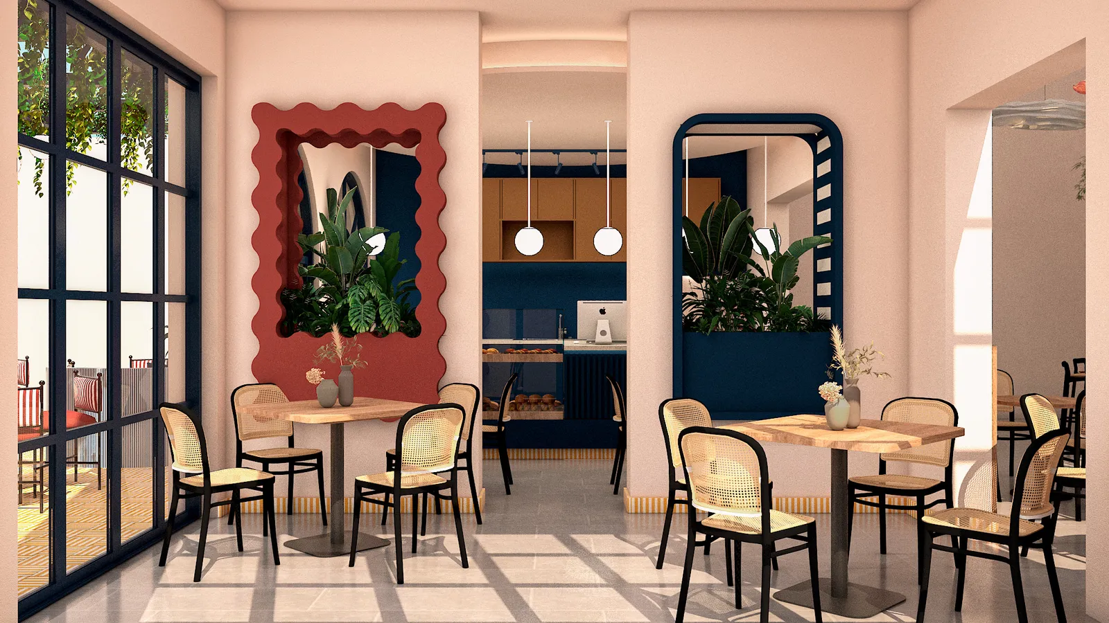 Lobo Paddel Club — render del área de mesas con ventanas arqueadas y luz natural