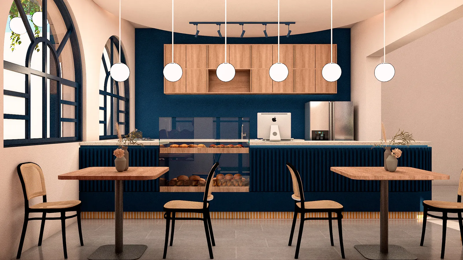 Lobo Paddel Club — render del área de sofás con iluminación cálida