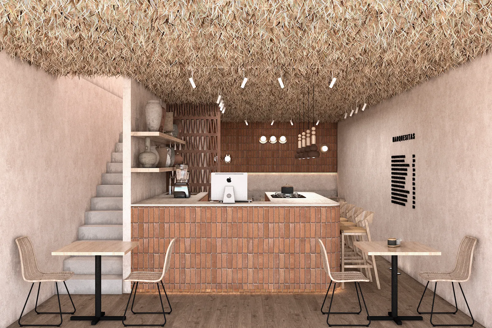Marquesitas — render del interior con techo de paja y barra de chukum