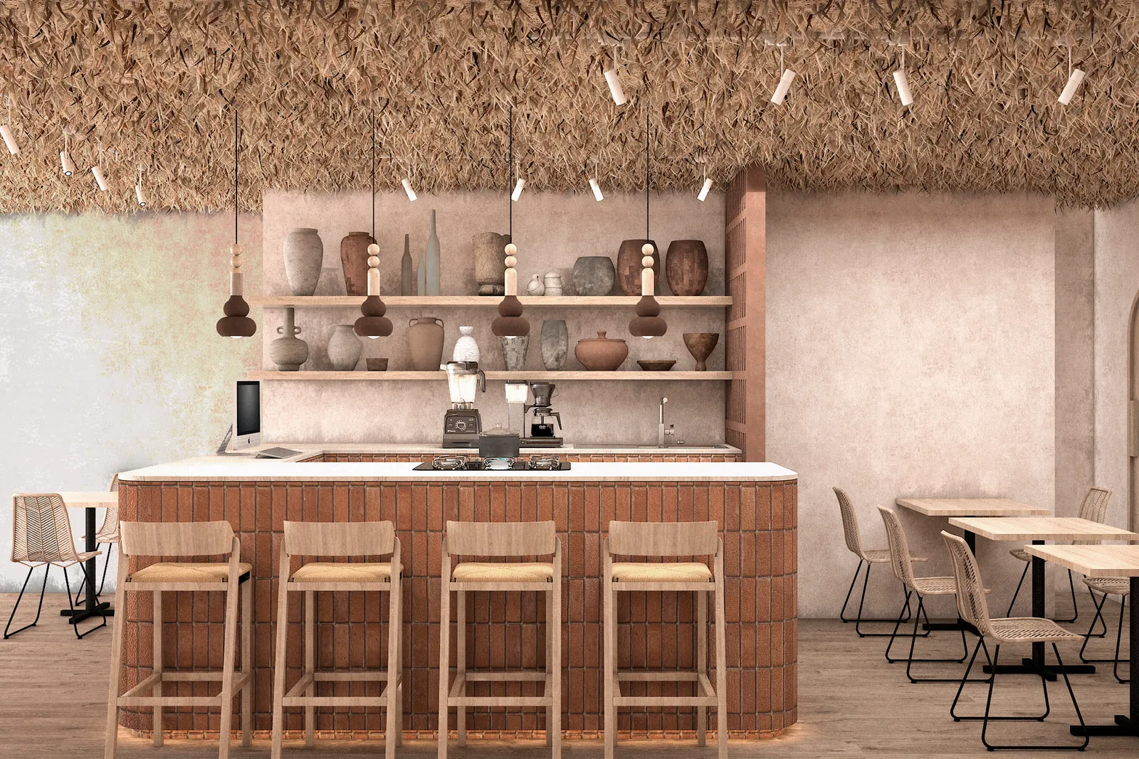Marquesitas — render del acceso con techo de paja y detalle de materiales