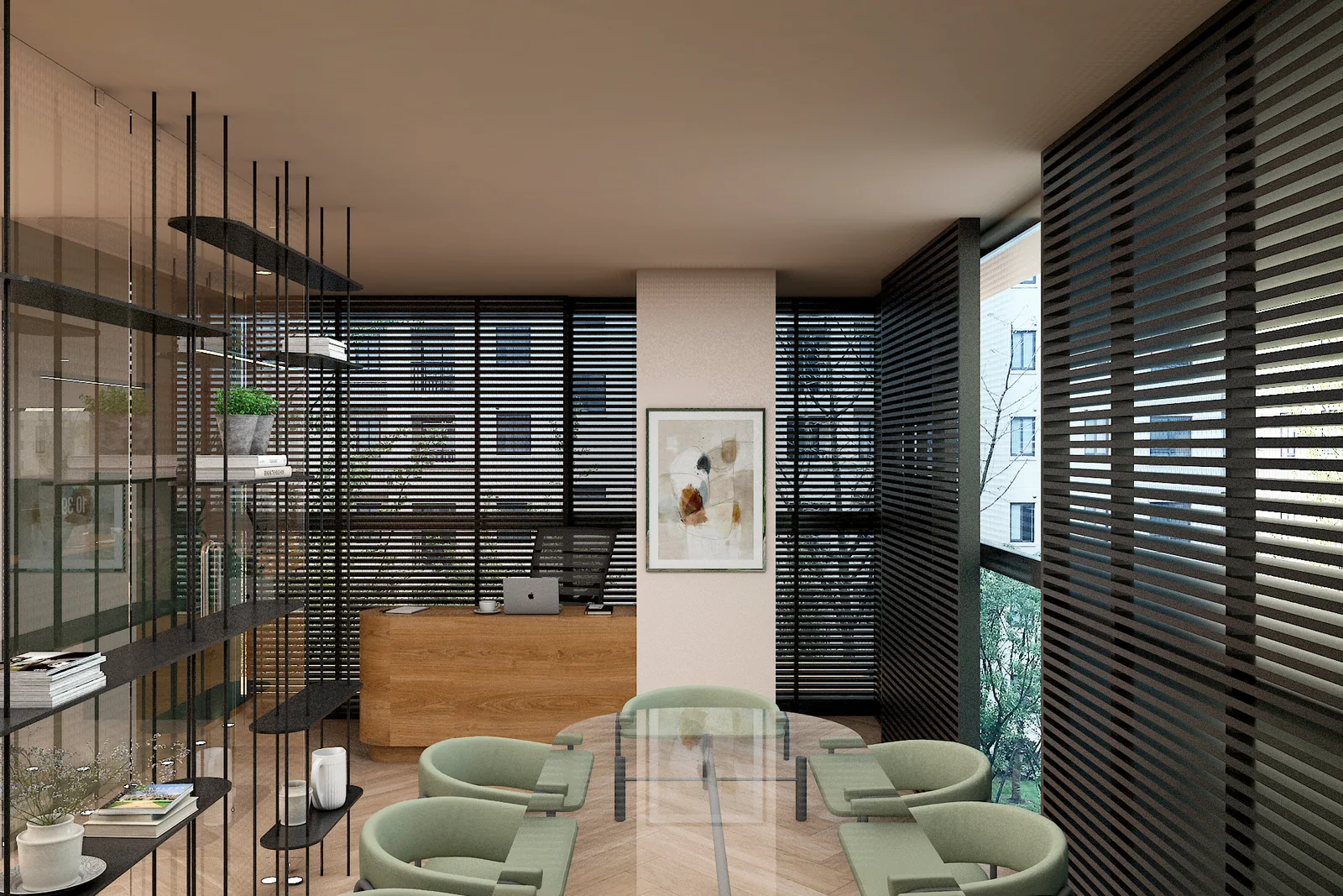 Sala de juntas con celosía lineal frente a la fachada de cristal, oficinas en Polanco