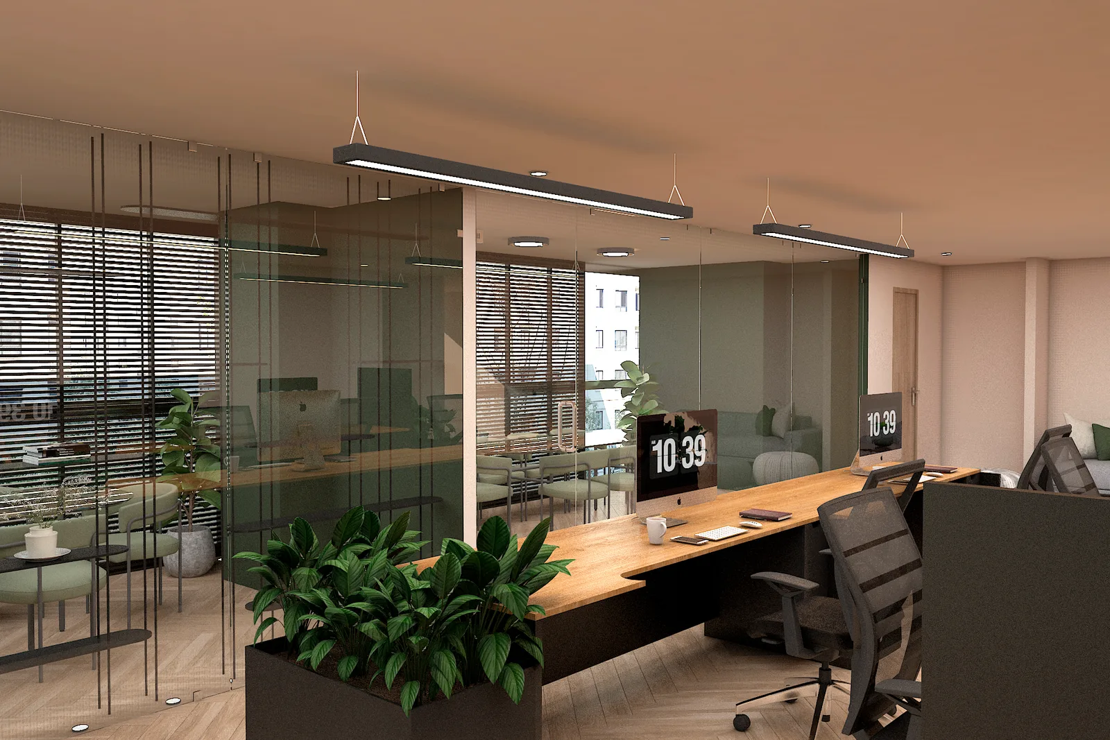 Área abierta con sala de juntas de vidrio al fondo, oficinas en Polanco