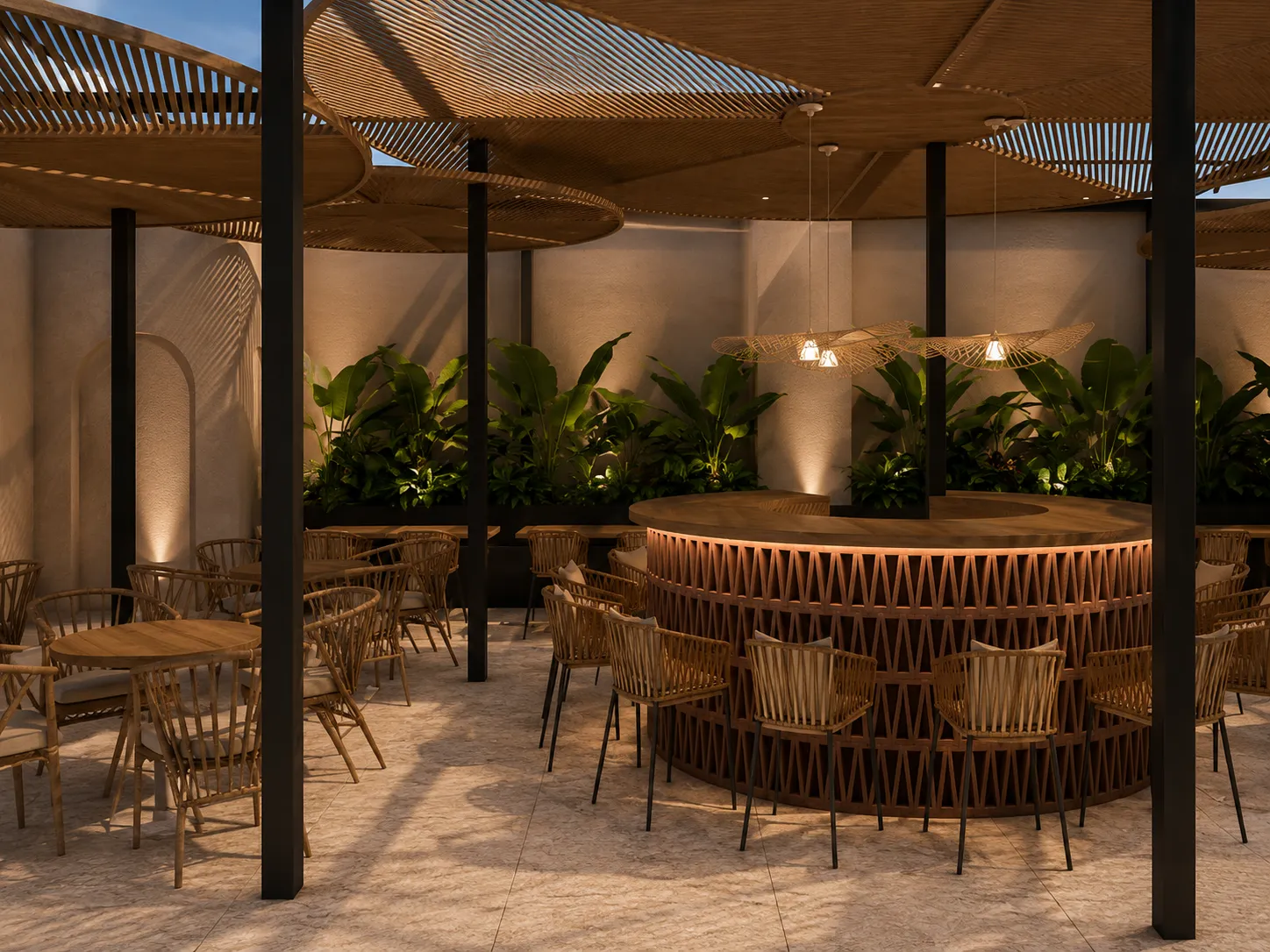 Render de la barra y el área de mesas de Padelito Rooftop, con celosías colgantes de madera