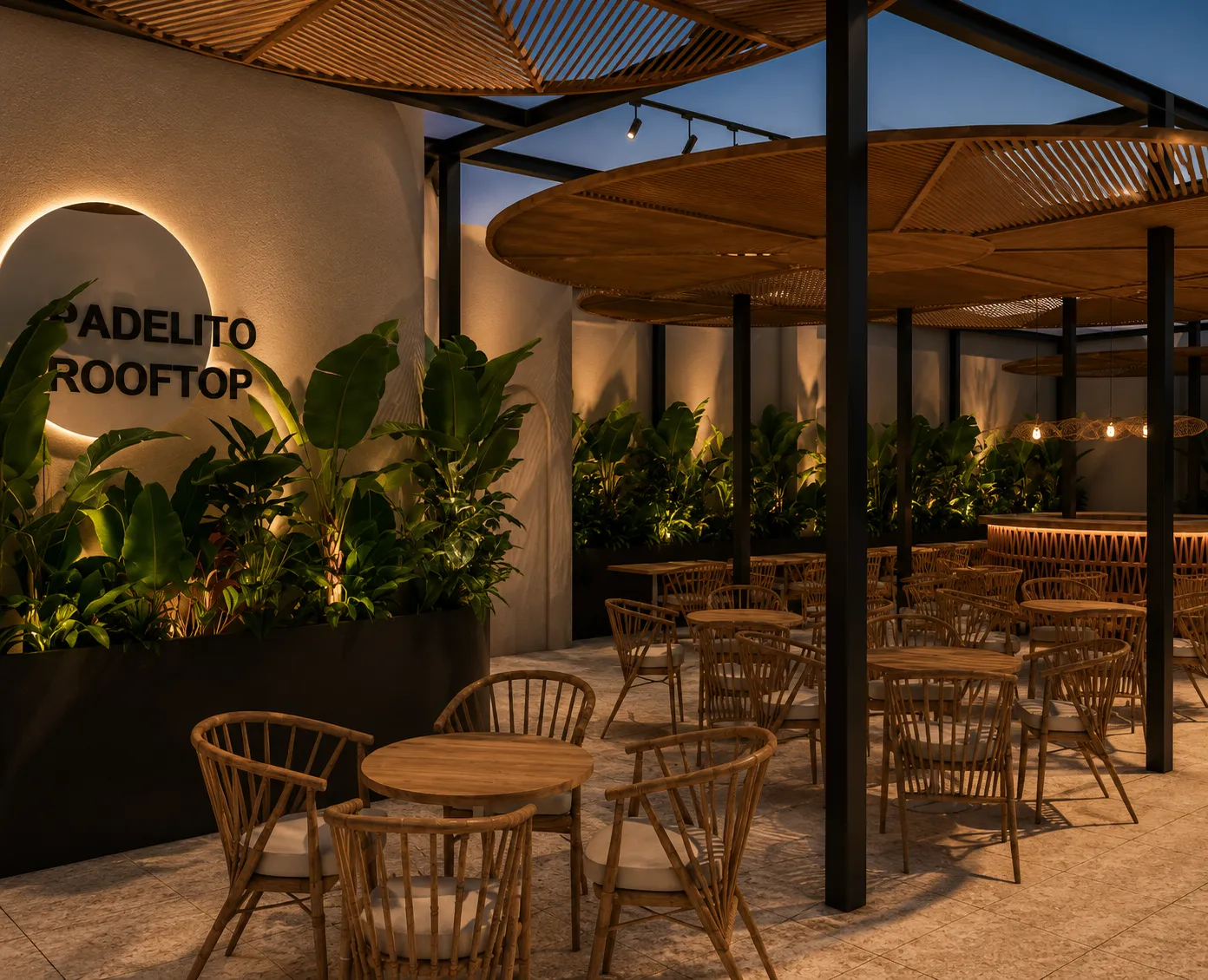 Render de la entrada de Padelito Rooftop con letrero iluminado y vegetación