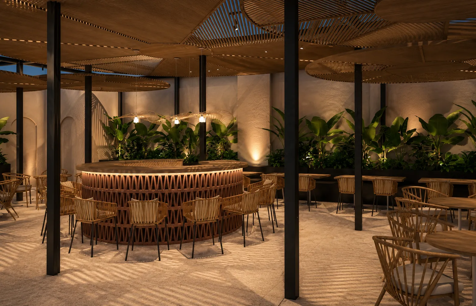Render del área de mesas de Padelito Rooftop junto a las canchas