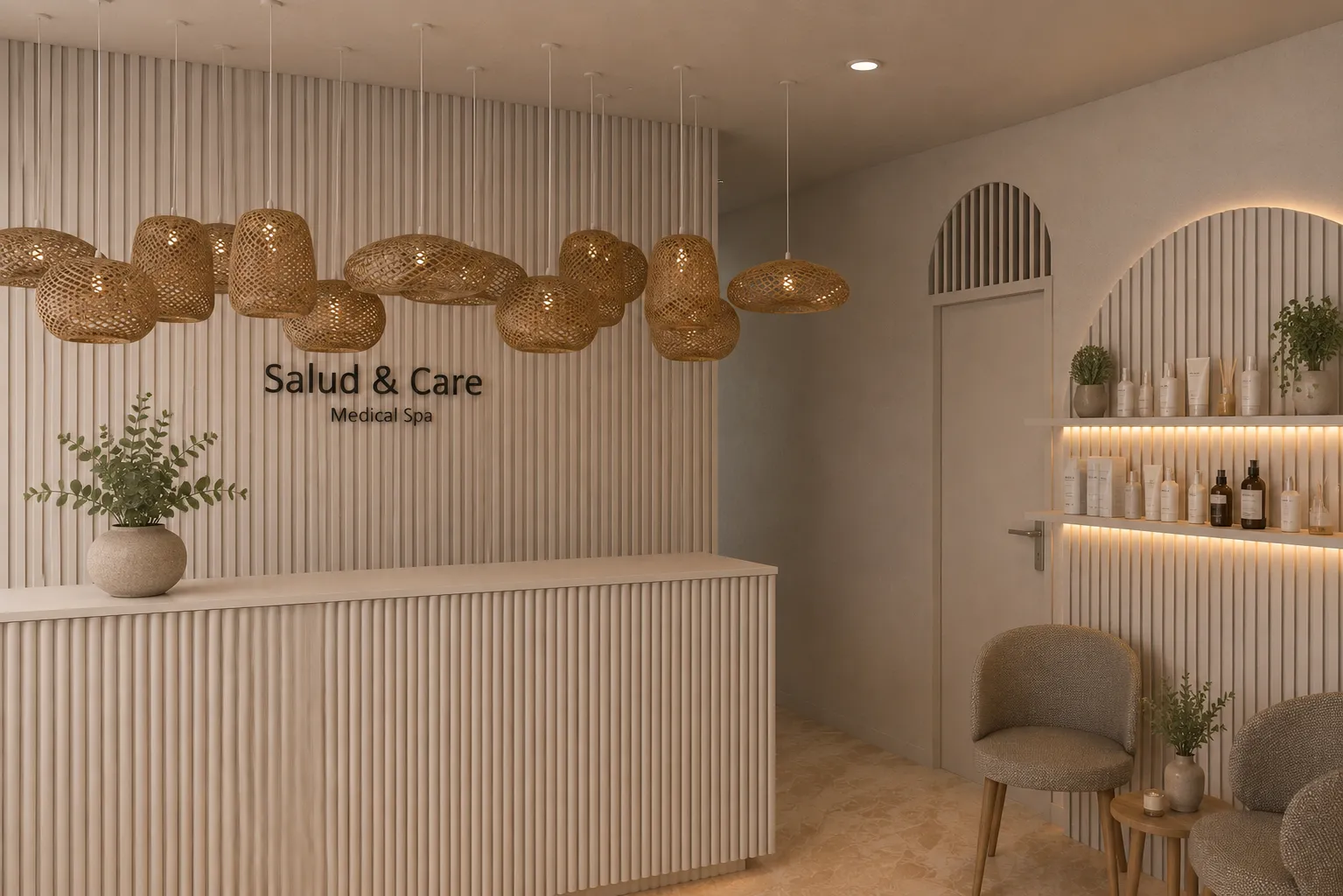 Recepción renovada de Salud & Care, clínica estética en Mérida, Yucatán